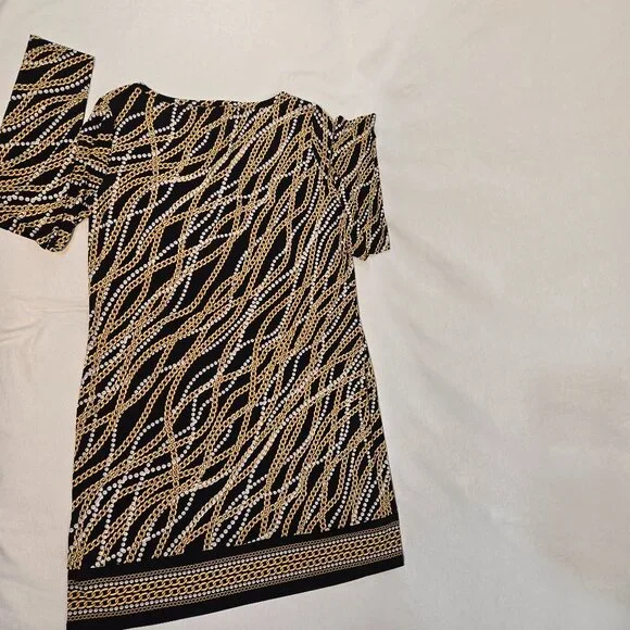 MICHAEL KORS Old Money Black/Gold Chain/Pearl Pattern Border Shift Dress Size L. - Picture 4 of 16
